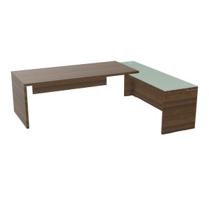 Table rectangulaire Kara L. 240 cm x 200. cm mélamine noyer brun avec retour débordant top verre émaillé blanc piètement panneau mélamine noyer brun + voile de fond