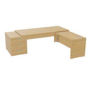 Table rectangulaire Kara sur caisson porteur 3 tiroirs L. 240 cm x 200. cm 2 tops mélamine chêne clair avec retour aligné piètement panneau mélamine chêne clair + voile de fond