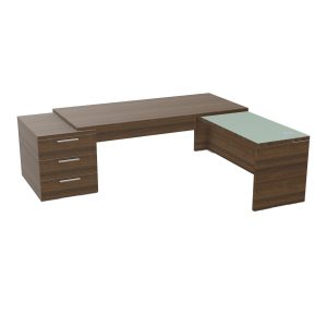 Table rectangulaire Kara sur caisson porteur 3 tiroirs L. 240 cm x 200. cm mélamine noyer brun avec retour aligné top verre émaillé blanc piètement panneau mélamine noyer brun + voile de fond