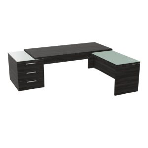 Table rectangulaire Kara sur caisson porteur 3 tiroirs L. 240 cm x 200. cm 2 tops verre émaillé blanc avec retour aligné mélamine chêne café piètement panneau mélamine chêne café + voile de fond