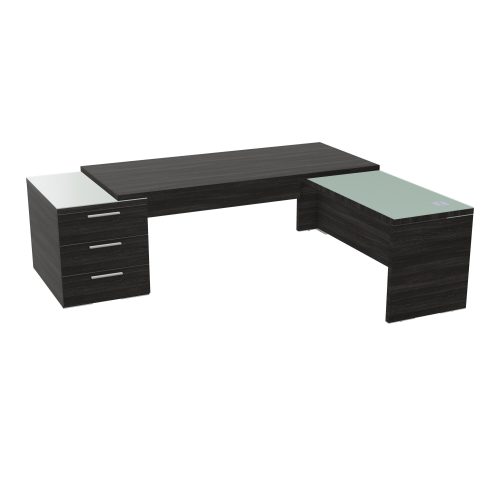 Table rectangulaire Kara sur caisson porteur 3 tiroirs L. 240 cm x 200. cm 2 tops verre émaillé blanc avec retour aligné mélamine chêne café piètement panneau mélamine chêne café + voile de fond