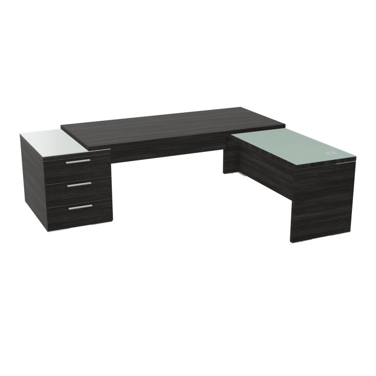 Table rectangulaire Kara sur caisson porteur 3 tiroirs L. 240 cm x 200. cm 2 tops verre émaillé blanc avec retour aligné mélamine chêne café piètement panneau mélamine chêne café + voile de fond