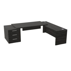 Table rectangulaire Kara sur caisson porteur 3 tiroirs L. 250 cm x 200. cm 2 tops mélamine chêne café avec retour débordant piètement panneau mélamine chêne café + voile de fond