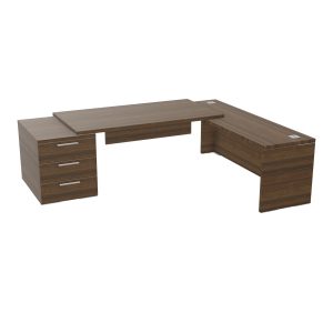Table rectangulaire Kara sur caisson porteur 3 tiroirs L. 250 cm x 200. cm 2 tops mélamine noyer brun avec retour débordant piètement panneau mélamine noyer brun + voile de fond