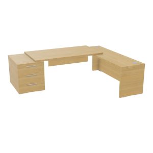Table rectangulaire Kara sur caisson porteur 3 tiroirs L. 250 cm x 200. cm 2 tops mélamine chêne clair avec retour débordant piètement panneau mélamine chêne clair + voile de fond