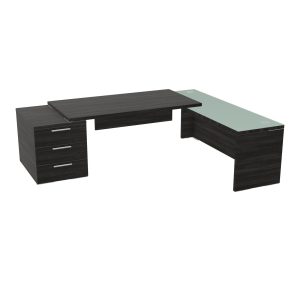 Table rectangulaire Kara sur caisson porteur 3 tiroirs L. 250 cm x 200. cm 1 top mélamine chêne café avec retour débordant verre émaillé blanc piètement panneau mélamine chêne café + voile de fond