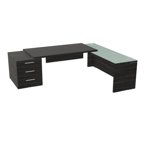 Table rectangulaire Kara sur caisson porteur 3 tiroirs L. 250 cm x 200. cm 1 top mélamine chêne café avec retour débordant verre émaillé blanc piètement panneau mélamine chêne café + voile de fond