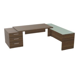 Table rectangulaire Kara sur caisson porteur 3 tiroirs L. 250 cm x 200. cm 1 top mélamine noyer brun avec retour débordant verre émaillé blanc piètement panneau mélamine noyer brun + voile de fond