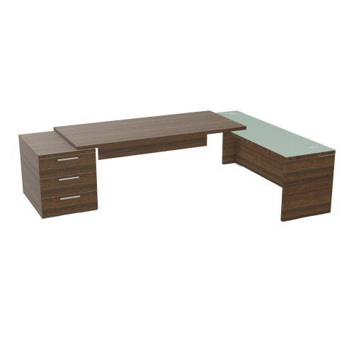 Table rectangulaire Kara sur caisson porteur 3 tiroirs L. 280 cm x 200. cm 1 top mélamine noyer brun avec retour débordant verre émaillé blanc piètement panneau mélamine noyer brun + voile de fond