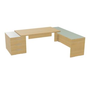 Table rectangulaire Kara sur caisson porteur 3 tiroirs L. 250 cm x 200. cm 2 tops verre émaillé blanc avec retour débordant mélamine chêne clair piètement panneau mélamine chêne clair + voile de fond