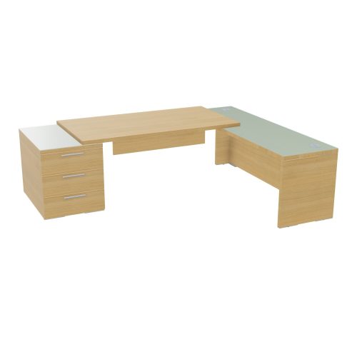 Table rectangulaire Kara sur caisson porteur 3 tiroirs L. 250 cm x 200. cm 2 tops verre émaillé blanc avec retour débordant mélamine chêne clair piètement panneau mélamine chêne clair + voile de fond