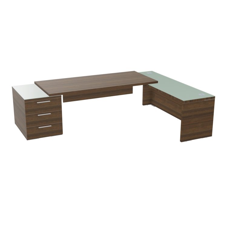 Table rectangulaire Kara sur caisson porteur 3 tiroirs L. 280 cm x 200. cm 2 tops verre émaillé blanc avec retour débordant mélamine noyer brun piètement panneau mélamine noyer brun + voile de fond