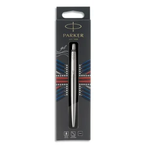 PARKER Stylo bille rétractable Jotter. Acier. Pointe moyenne. Encre Noire.