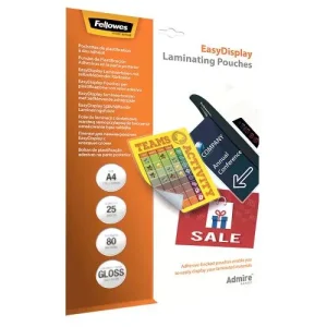 FELLOWES Pack de 25 pochettes de plastification A4 80 microns dos adhésif repositionnable 5601703