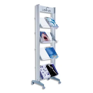 PAPERFLOW Présentoir mobile métallisé. 8 tablettes en plexi doc A4. Dimensions 50 x 167.8 x 38.5