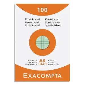 EXACOMPTA Etui de 100 fiches bristol non perforées 148x210mm (A5) quadrillées 5x5 assortis