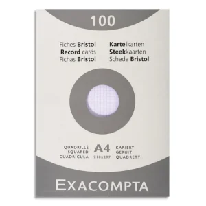EXACOMPTA Etui de 100 fiches bristol non perforées 210x297mm (A4) quadrillées 5x5 Blanc