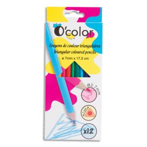O'COLOR Boîte de 12 crayons de couleurs en résine triangulaire.Diamètre crayon 7mm, mine 2,7mm. Assortis