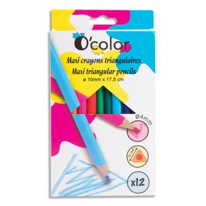 O'COLOR Boîte de 12 maxi crayons de couleurs en résine triangulaire. Diamètre 10mm, mine 4mm.Assortis