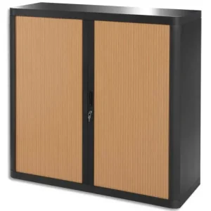 PAPERFLOW Armoire à rideau easyOffice, 2 étagères  corps: noir, rideaux: hêtre, métal et polystyrène, rideaux en lamelles de polypropylène, avec 2 étagères, livraison composée de 2 colis dimensions: (L)1100 x (P)415 x (H)1040 mm (E1CT0005100045)