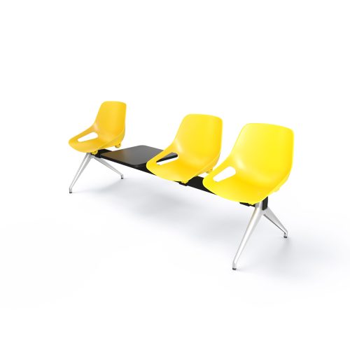 Poutre Rosalie 3 places + 1 tablette - assise polypropylène jaune - piétement aluminium poli - traverse métal gris aluminium