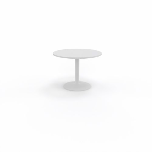 Table de réunion individuelle ronde Ø 100 cm ép. 25 mm décor blanc neige sur piétement central fixe rond blanc