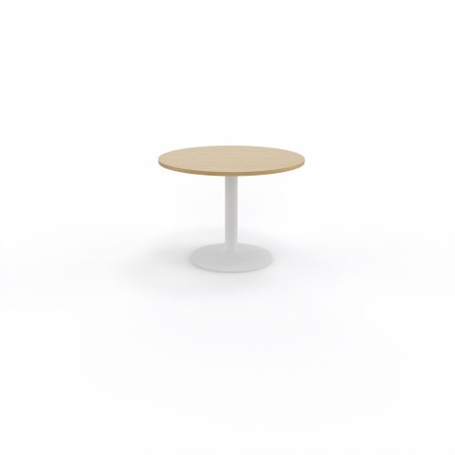 Table de réunion individuelle ronde Ø 100 cm ép. 25 mm décor chêne clair sur piétement central fixe rond blanc