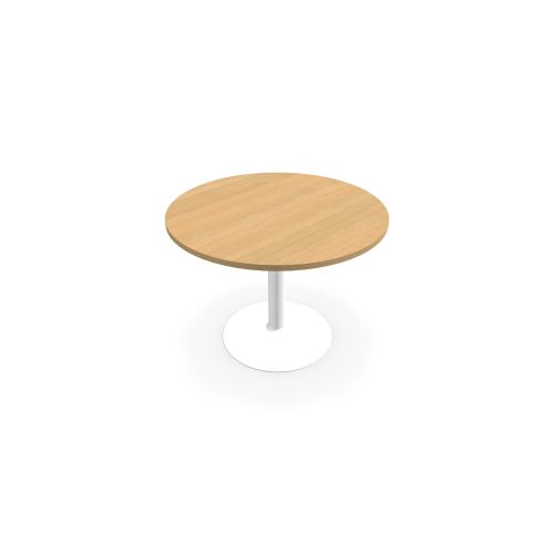 Table de réunion individuelle ronde Ø 100 cm ép. 25 mm décor chêne clair sur piétement central fixe rond blanc