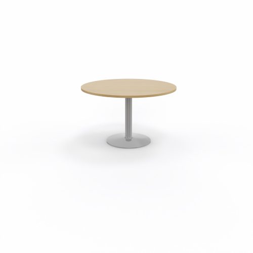 Table de réunion individuelle ronde Ø 120 cm ép. 25 mm décor chêne clair sur piétement central fixe rond gris aluminium