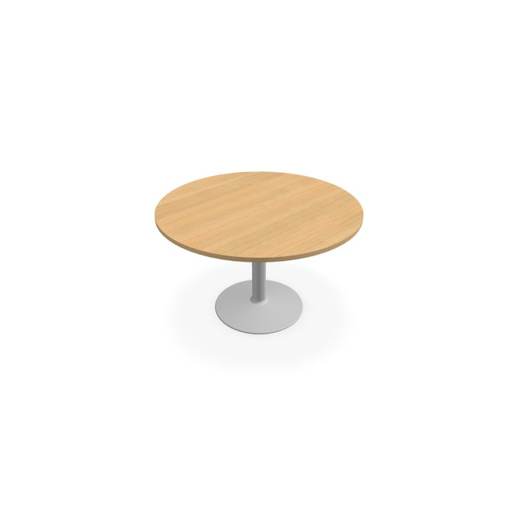 Table de réunion individuelle ronde Ø 120 cm ép. 25 mm décor chêne clair sur piétement central fixe rond gris aluminium