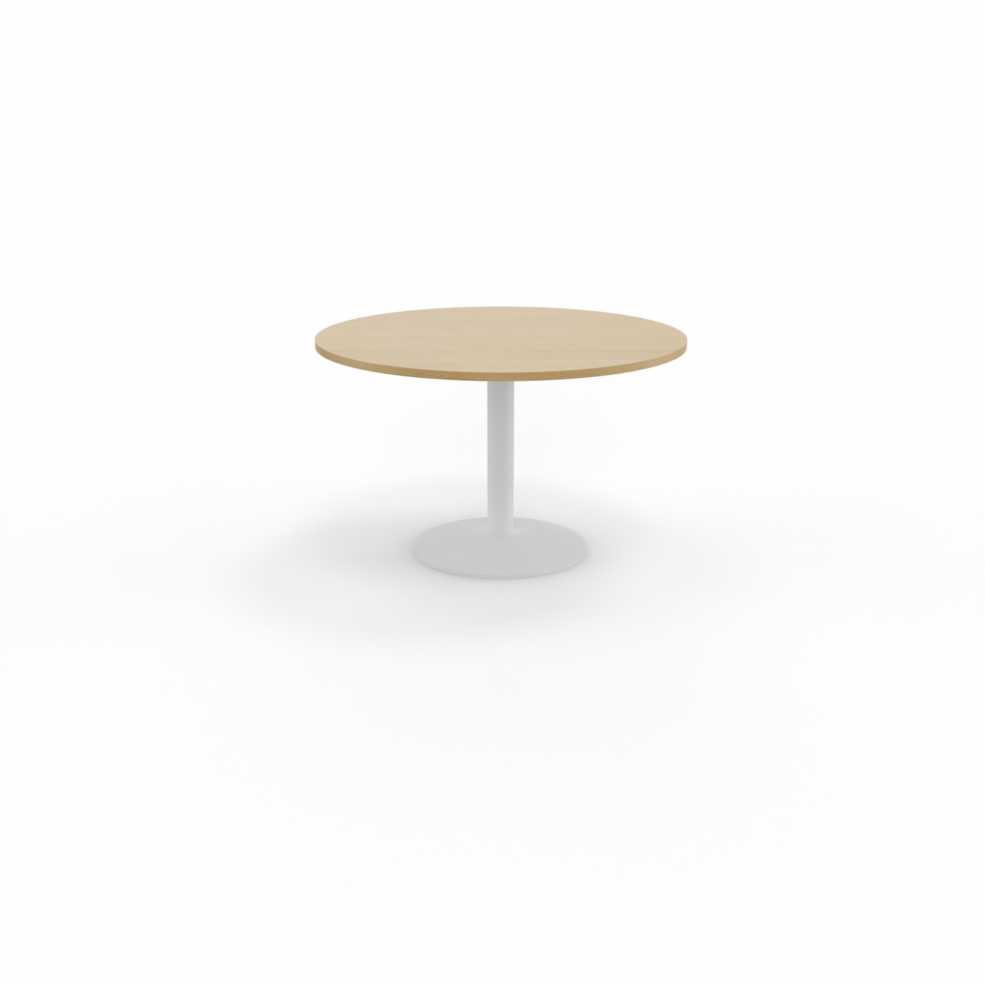 Table de réunion individuelle ronde Ø 120 cm ép. 25 mm décor chêne clair sur piétement central fixe rond blanc