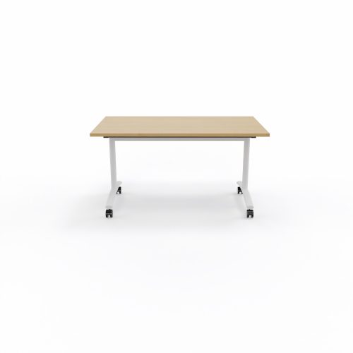 Table abattante modulable rectangulaire L. 140 x P. 80 x H. 73,5 cm - plateau mélamine ép. 25 mm mélamine chêne clair piètements métalliques sur roulettes métal lisse blanc