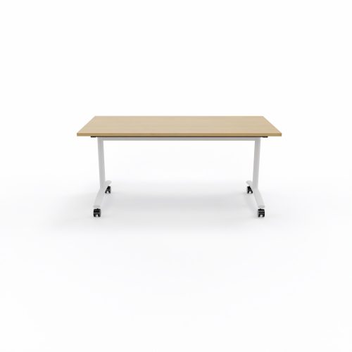 Table abattante modulable rectangulaire L. 160 x P. 80 x H. 73,5 cm - plateau mélamine ép. 25 mm mélamine chêne clair piètements métalliques sur roulettes métal lisse blanc