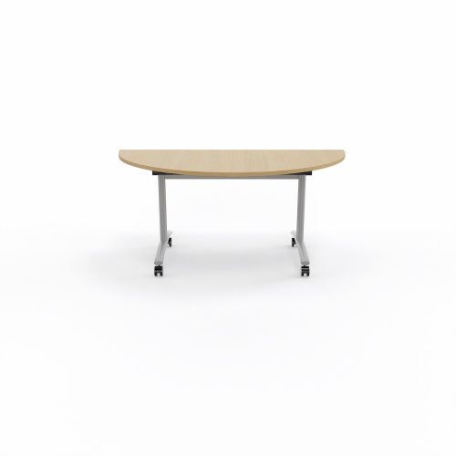 Table abattante modulable 1/2 lune L. 165 x P. 82,5 x H. 73,5 cm - plateau mélamine ép. 25 mm mélamine chêne clair piètements métalliques sur roulettes métal lisse gris aluminium