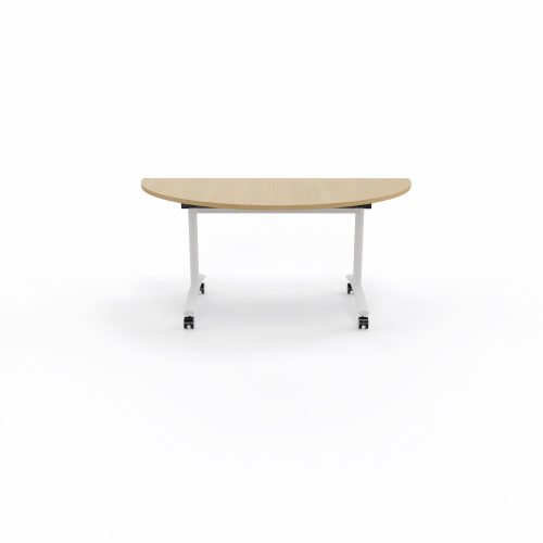 Table abattante modulable 1/2 lune L. 165 x P. 82,5 x H. 73,5 cm - plateau mélamine ép. 25 mm mélamine chêne clair piètements métalliques sur roulettes métal lisse blanc