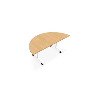 Table abattante modulable 1/2 lune L. 165 x P. 82,5 x H. 73,5 cm - plateau mélamine ép. 25 mm mélamine chêne clair piètements métalliques sur roulettes métal lisse blanc