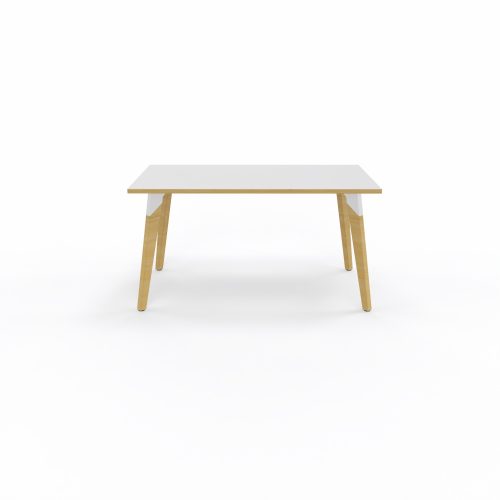 Table Evasion L. 140 x P. 80 x H. 73,5 cm - plateau stratifié blanc ép. 25 mm - 4 pieds en hêtre naturel vernis massif surmontés d'une structure métal structuré blanc