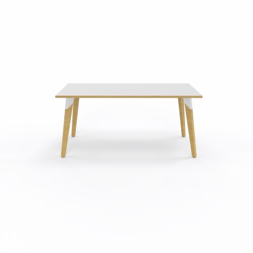 Table Evasion L. 160 x P. 80 x H. 73,5 cm - plateau stratifié blanc ép. 25 mm - 4 pieds en hêtre naturel vernis massif surmontés d'une structure métal structuré blanc