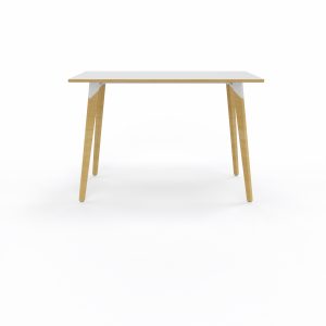 Table Evasion L. 160 x P. 80 x H. 110 cm - plateau stratifié blanc ép. 25 mm - 4 pieds en hêtre naturel vernis massif surmontés d'une structure métal structuré blanc