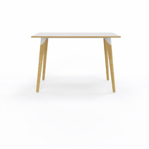 Table Evasion L. 160 x P. 80 x H. 110 cm - plateau stratifié blanc ép. 25 mm - 4 pieds en hêtre naturel vernis massif surmontés d'une structure métal structuré blanc