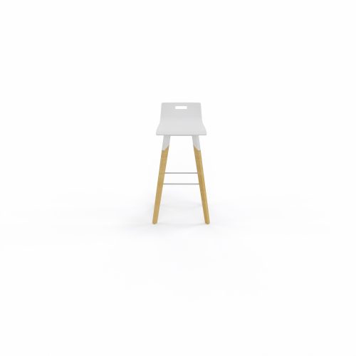 Tabouret Evasion avec poignée de préhension - assise et dossier en hêtre multipli blanc - piètement en hêtre naturel vernis massif haut métal structuré blanc et repose-pieds zingué