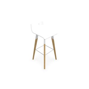 Tabouret Evasion avec poignée de préhension - assise et dossier en hêtre multipli blanc - piètement en hêtre naturel vernis massif haut métal structuré blanc et repose-pieds zingué