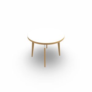 Table basse Evasion diamètre 60 x H. 48 cm - plateau mélamine ép. 25 mm blanc neige - 4 pieds en hêtre naturel vernis massif surmontés d'une structure métal structuré blanc