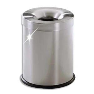 Poubelle d'intérieur anti feu base caoutchouc, en inox satiné 15 Litres - D25 cm, hauteur 35 cm