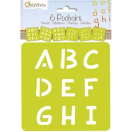 AVENUE MANDARINE Sachet de 6 pochoirs thème Alphabet majuscule, translucides, Dim. Lettres H3,5 x L2,5 cm