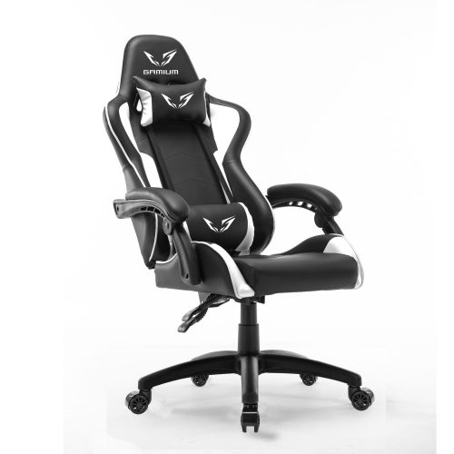WE Gamium Fauteuil gamer blanc ajustable avec coussins de soutien, en polyuréthane et nylon 5 roues, vérin classe 4