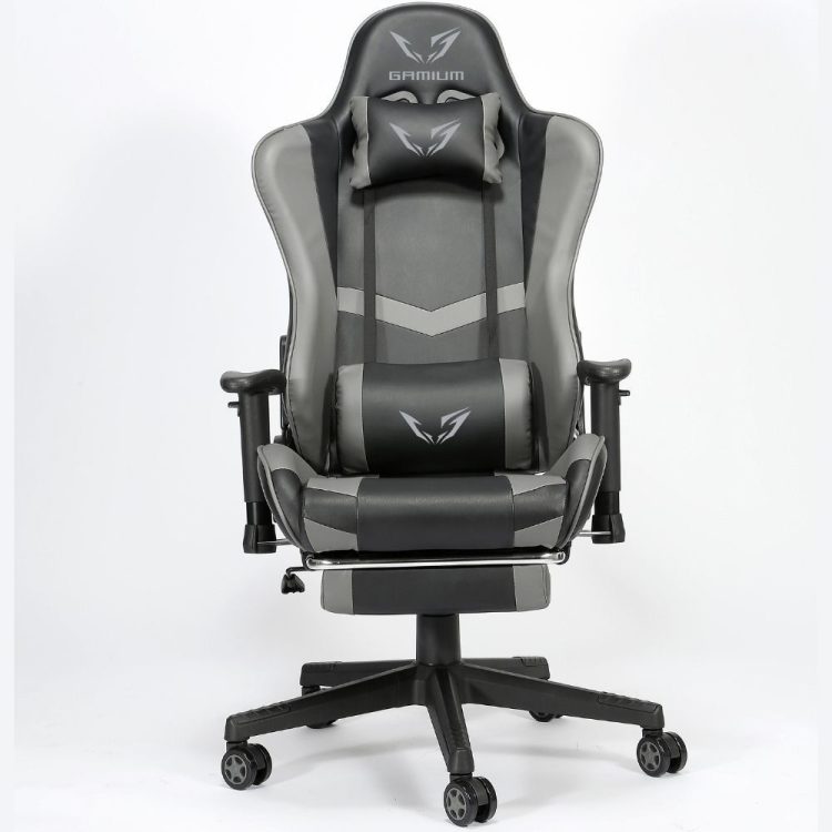 WE Gamium Fauteuil gamer ajustable avec coussins de soutien, en polyuréthane et nylon 5 roues, reposepied, vérin classe 3, accoudoirs 2D, base détachable, noir