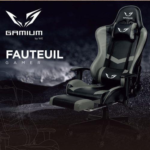 WE Gamium Fauteuil gamer ajustable avec coussins de soutien, en polyuréthane et nylon 5 roues, reposepied, vérin classe 3, accoudoirs 2D, base détachable, noir