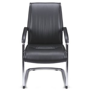 Fauteuil Visiteur Structure luge en acier chromé, accoudoirs manchettes soft touch  Assise & dossier tissu PU façon cuir noir