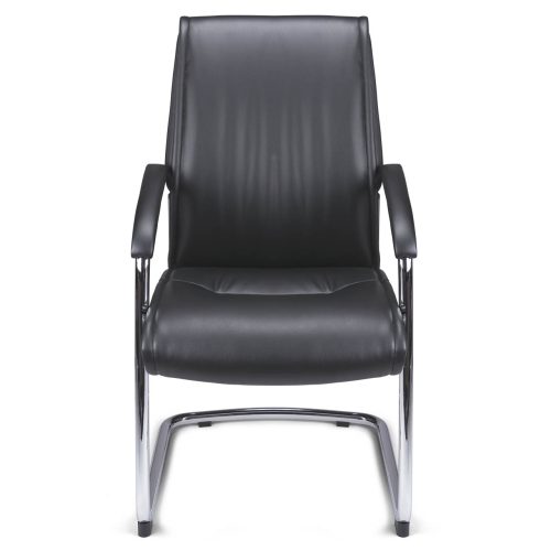 Fauteuil Visiteur Structure luge en acier chromé, accoudoirs manchettes soft touch  Assise & dossier tissu PU façon cuir noir